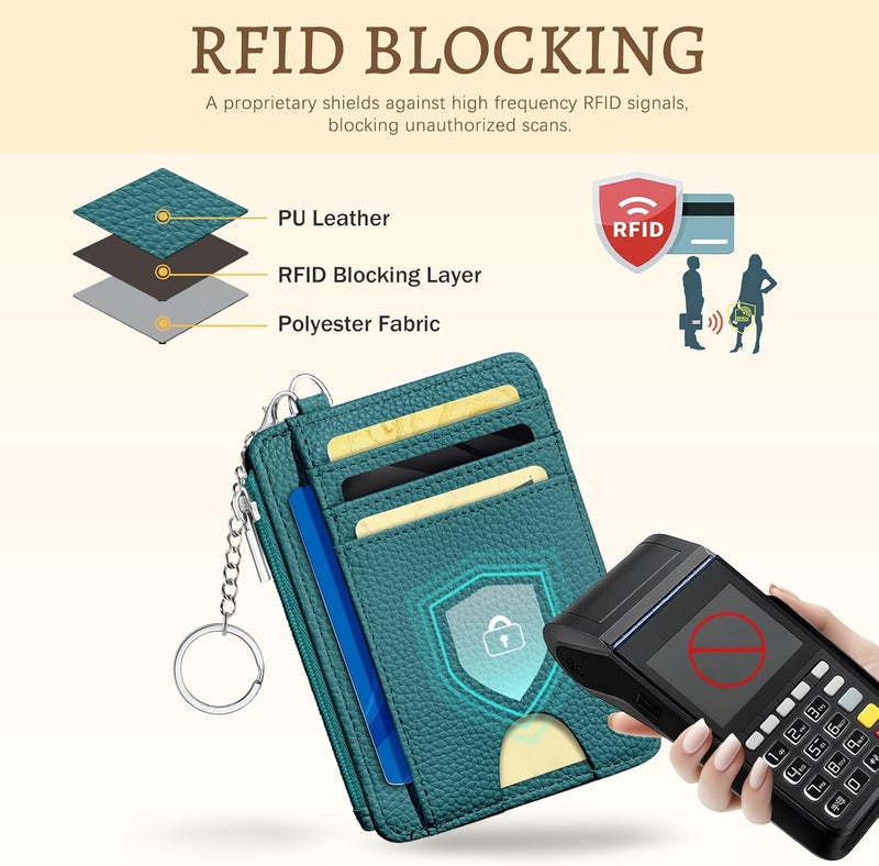 Kelvoris Teal Blue Credit Card Holder Small Wallet Women, Minimalist Slim RFID Blocking Wallet Woman Keychain with Zipper Coin Pocket, Front Pocket Thin Travel Card Case with ID Window Ladies Gifts - Image 4